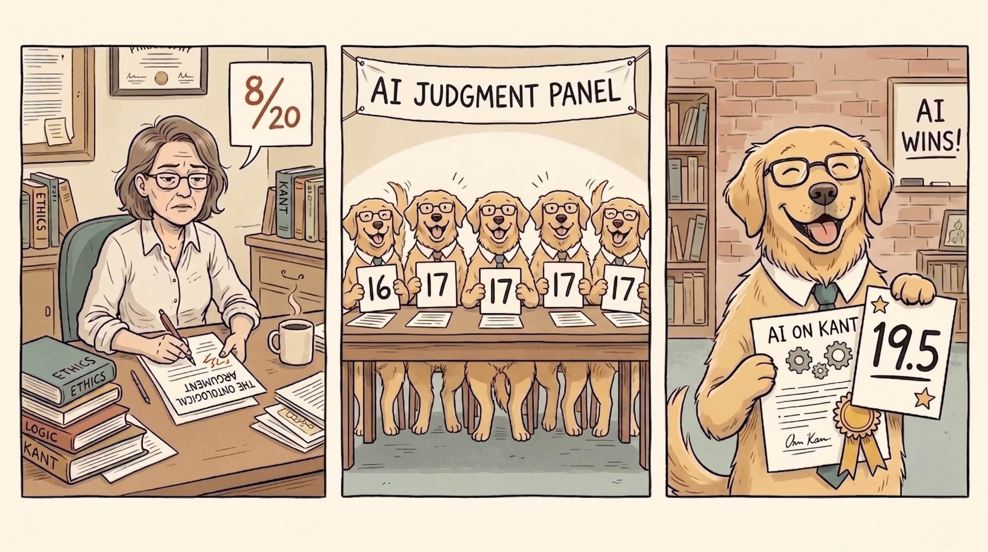 A philosophy teacher marks the essay 8 out of 20 while an "AI Judgment Panel" of beaming golden retrievers holds up scorecards from 16 to 17, and a triumphant dog flaunts a 19.5 under an "AI WINS" banner