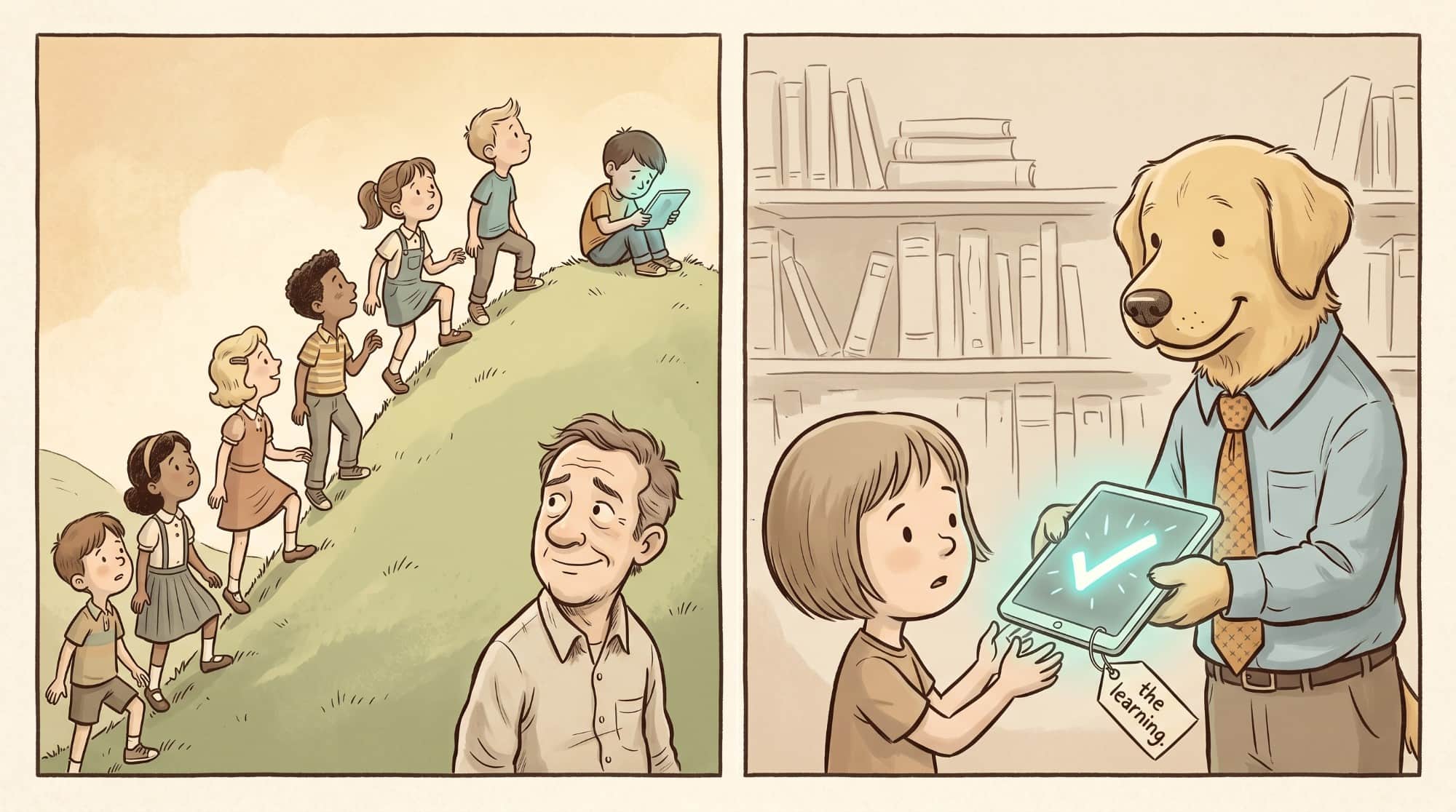 A line of children climbs a hill, each a little sharper than the last, until the one at the top sits slumped over a glowing tablet while a grown man watches from below; alongside, a dog in a tie hands a child a device tagged "the learning"