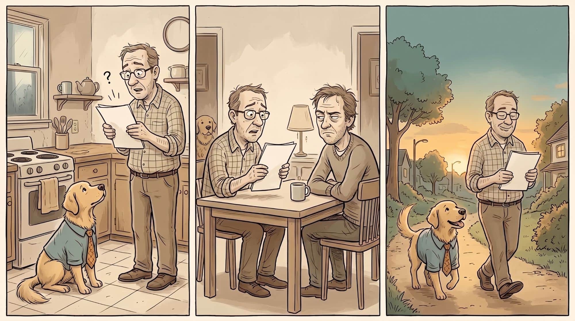 A man reads his draft aloud to his dog in the kitchen, then across a table to a skeptical friend, then walks it off down a lane at dawn with the dog trotting alongside