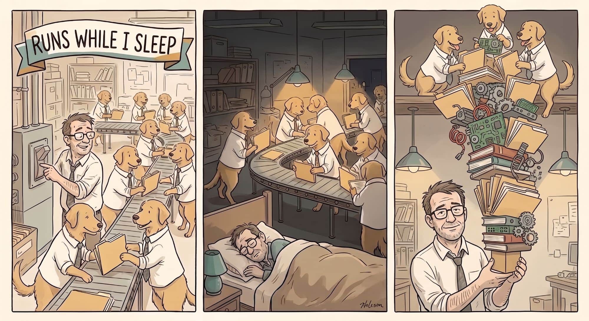 Under a "Runs While I Sleep" banner, golden retrievers in shirts and ties work a document assembly line while a man sleeps, then the same man stands awake holding a teetering stack of files and gears the dogs keep piling higher
