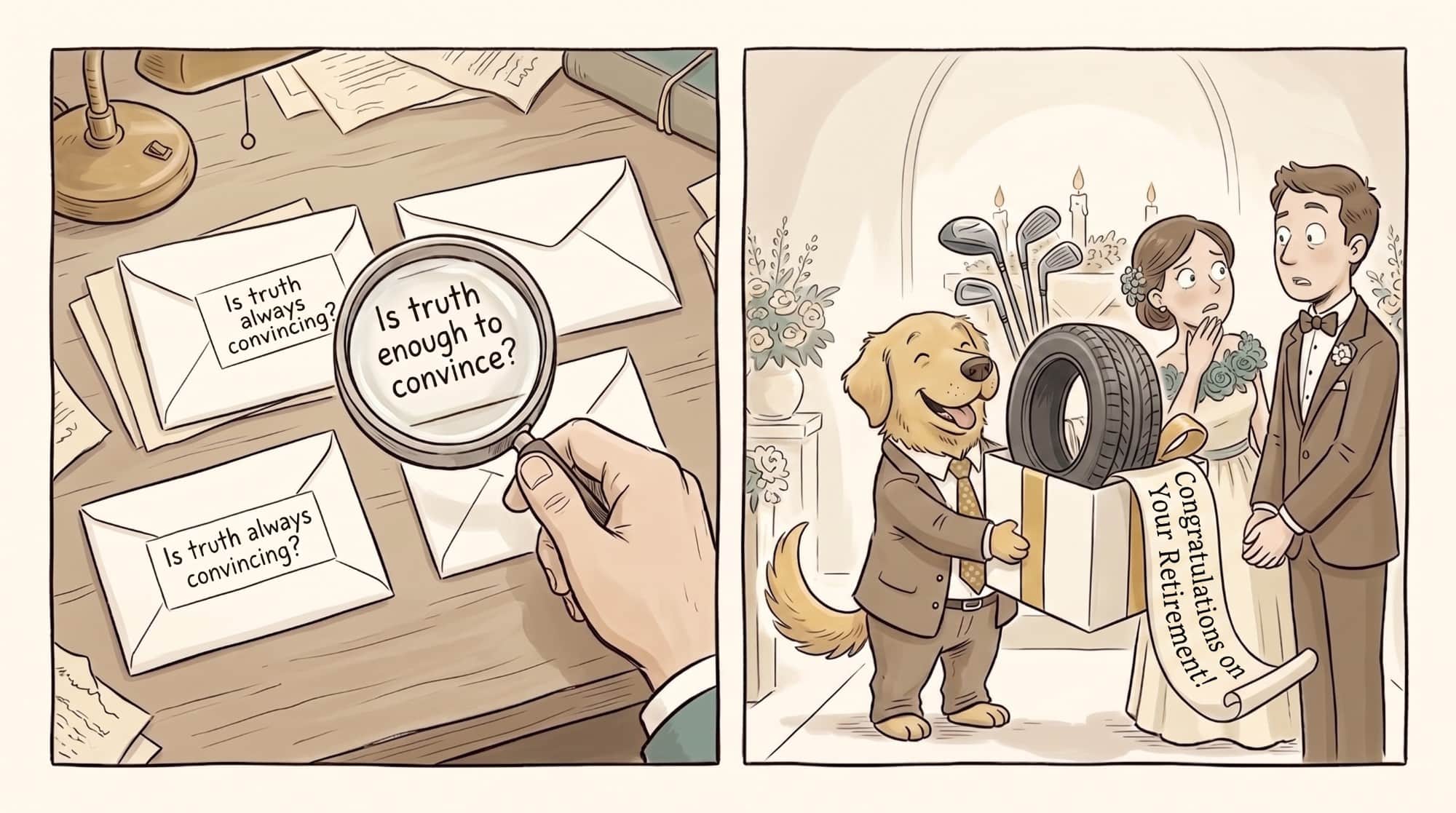 A magnifying glass reveals the question on the desk has quietly changed from "Is truth always convincing?" to "Is truth enough to convince?"; beside it, a dog in a suit hands a baffled bride and groom a gift box holding a car tire and a "Congratulations on Your Retirement" scroll